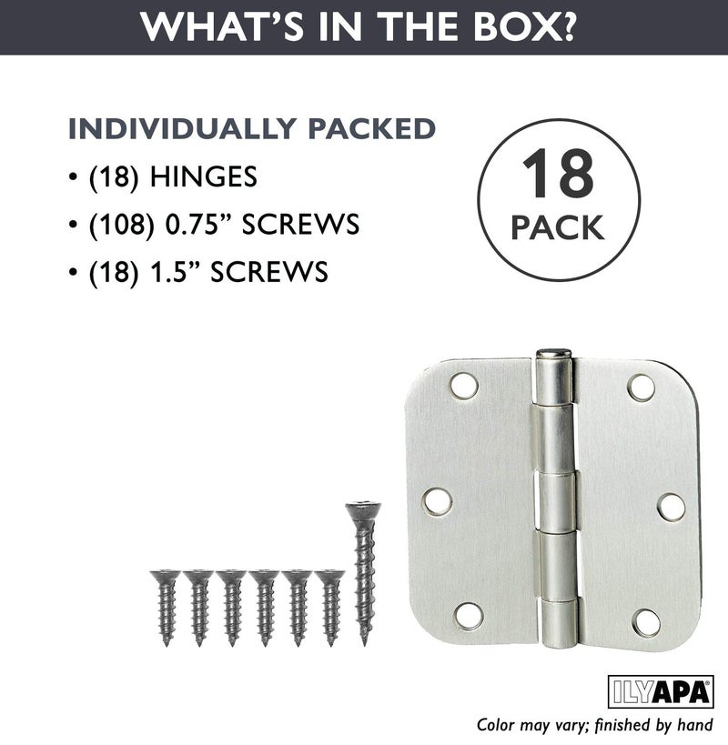 Ilyapa 18 Pack Brushed Nickel Hinges for Doors, 3.5 x 3.5 Inch Interior Satin Nickel Hinges Hardware, For Front Door, 5/8 Inch Radius Corners - Image 3